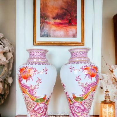 Cặp bình vẽ tay, vẽ mã não, cặp bình vẽ chim trĩ, đào trường thọ